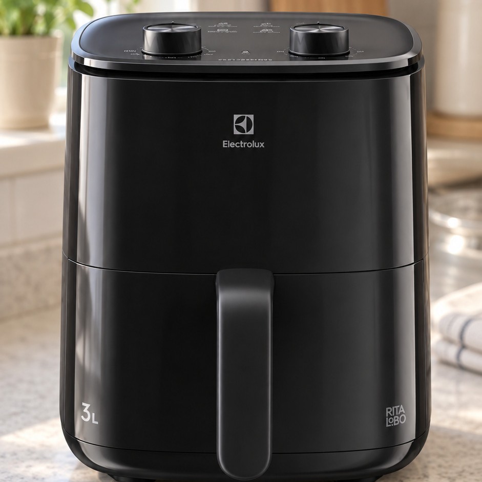 Air fryer Electrolux EAF05 preta na bancada da cozinha