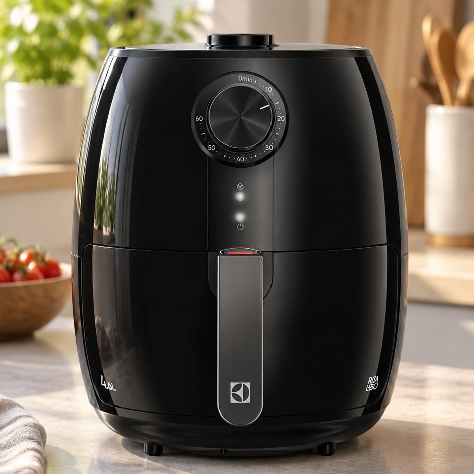 Air fryer Electrolux EAF15 preta na bancada da cozinha