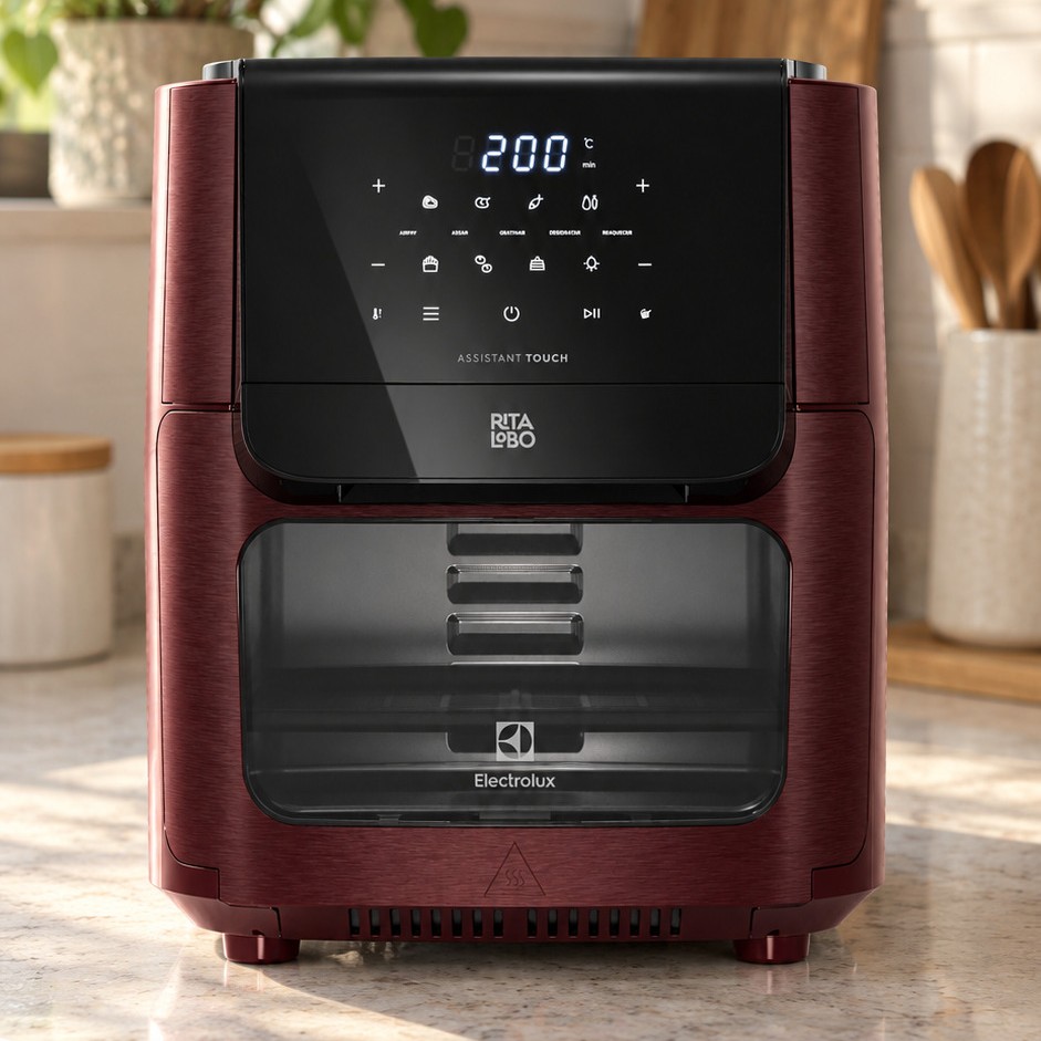 Air fryer Electrolux EAF86 vermelho-escura na bancada da cozinha