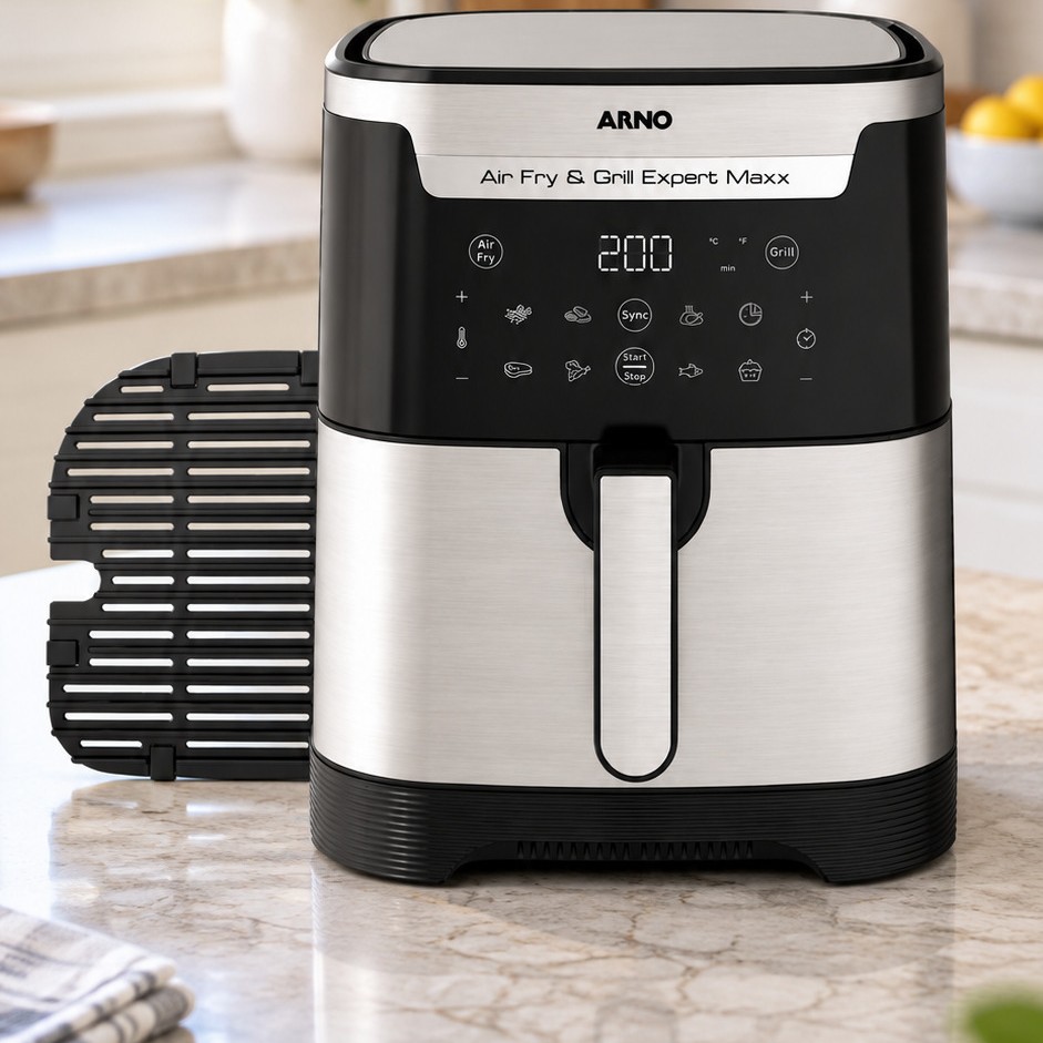 Air fryer Arno AFD6 inox e preta na bancada da cozinha