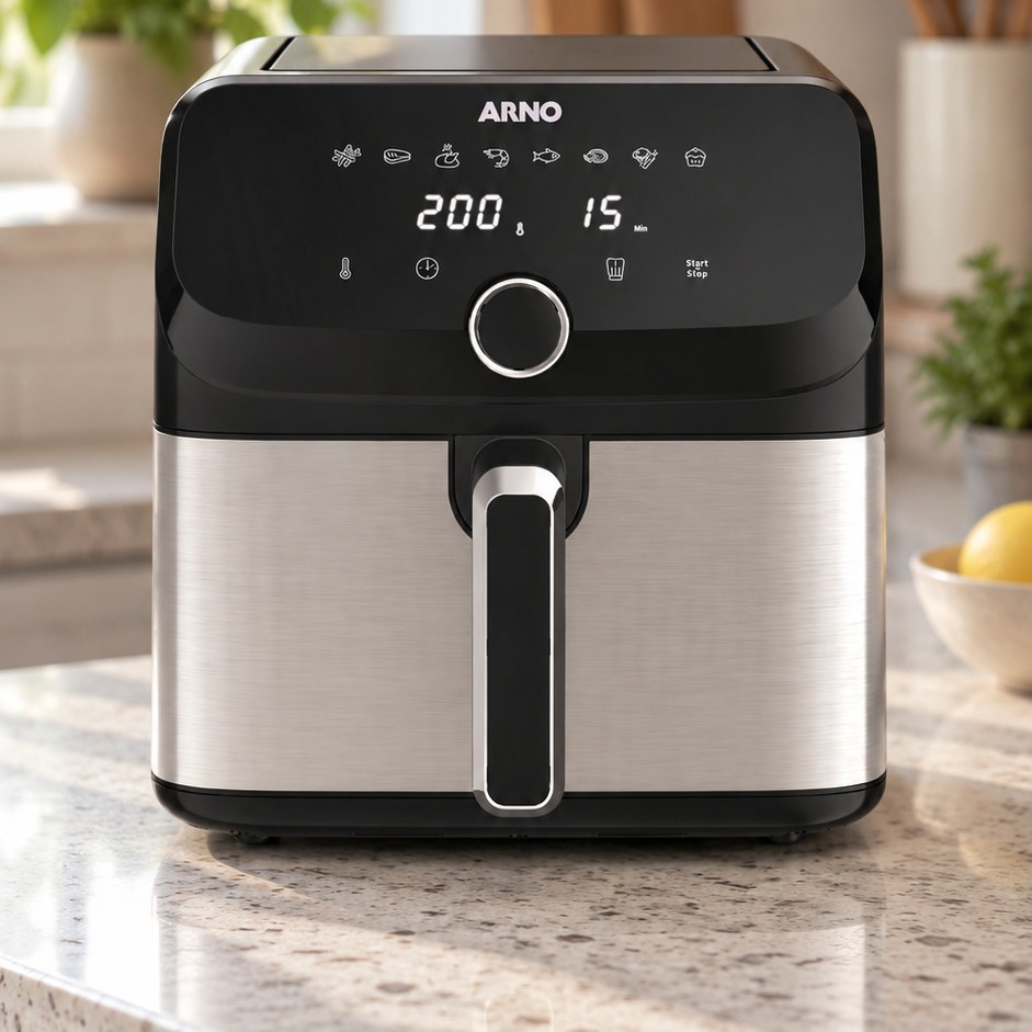 Air fryer Arno AFD7 inox e preta na bancada da cozinha