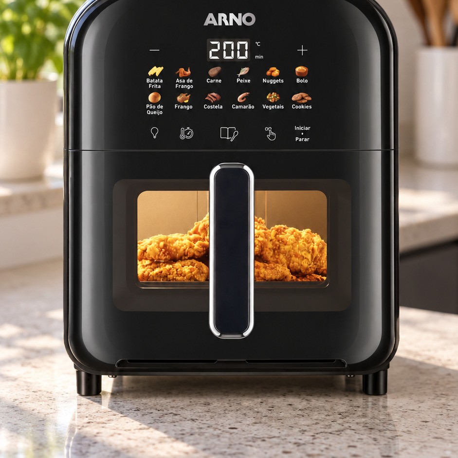 Air fryer Arno AFI6 preta na bancada da cozinha