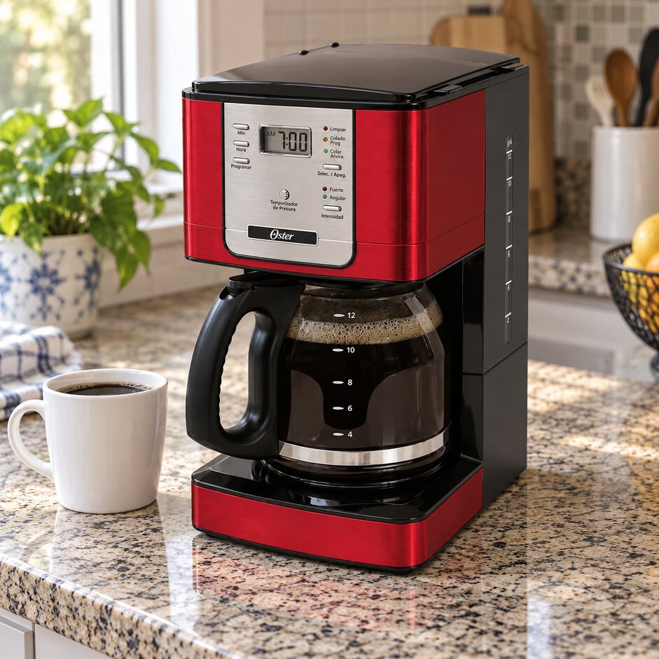 Cafeteira Oster Flavor BVSTDC4401RD-017 vermelha na bancada da cozinha