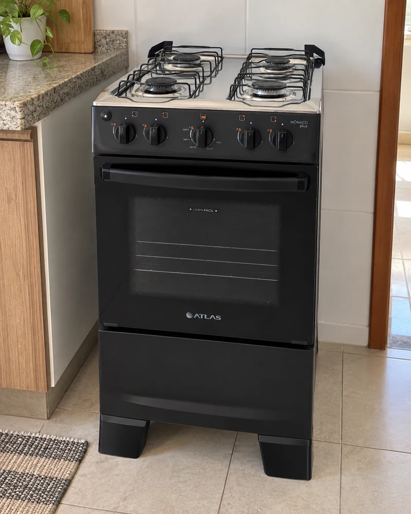 Atlas Mônaco Plus preto com mesa inox em ambiente doméstico