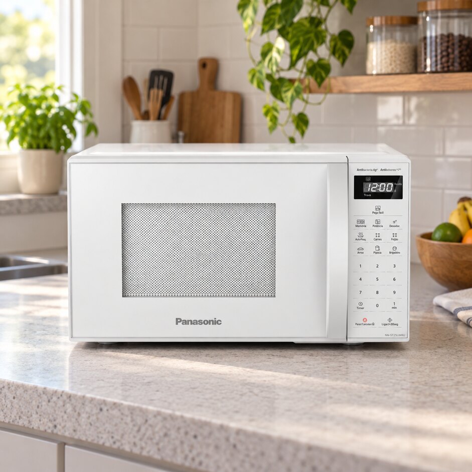Micro-ondas Panasonic NN-ST25LWRUN branco na bancada da cozinha