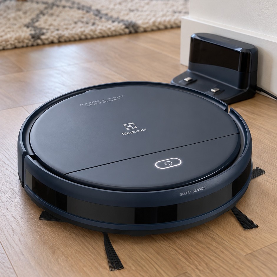 Robô aspirador Electrolux ERB40 azul no chão da sala
